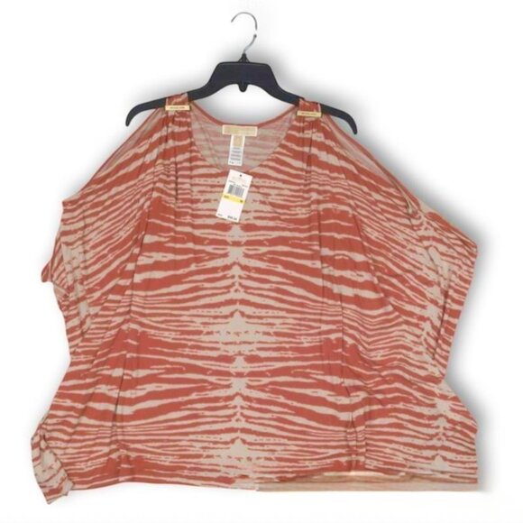 MICHAEL Michael Kors Red & White Animal Print Boat Neck Cold-Shoulder Top Large - Picture 1 of 2
